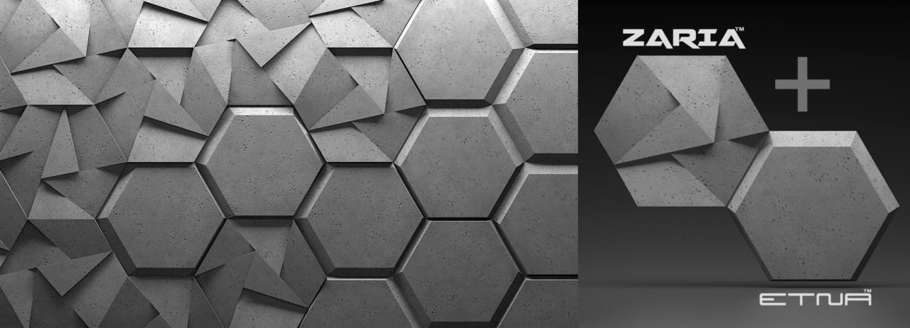 Szare, betonowe panele ścienne o heksagonalnym kształcie z trójwymiarowymi elementami dekoracyjnymi, prezentowane z logo producentów Zaria i Etna.