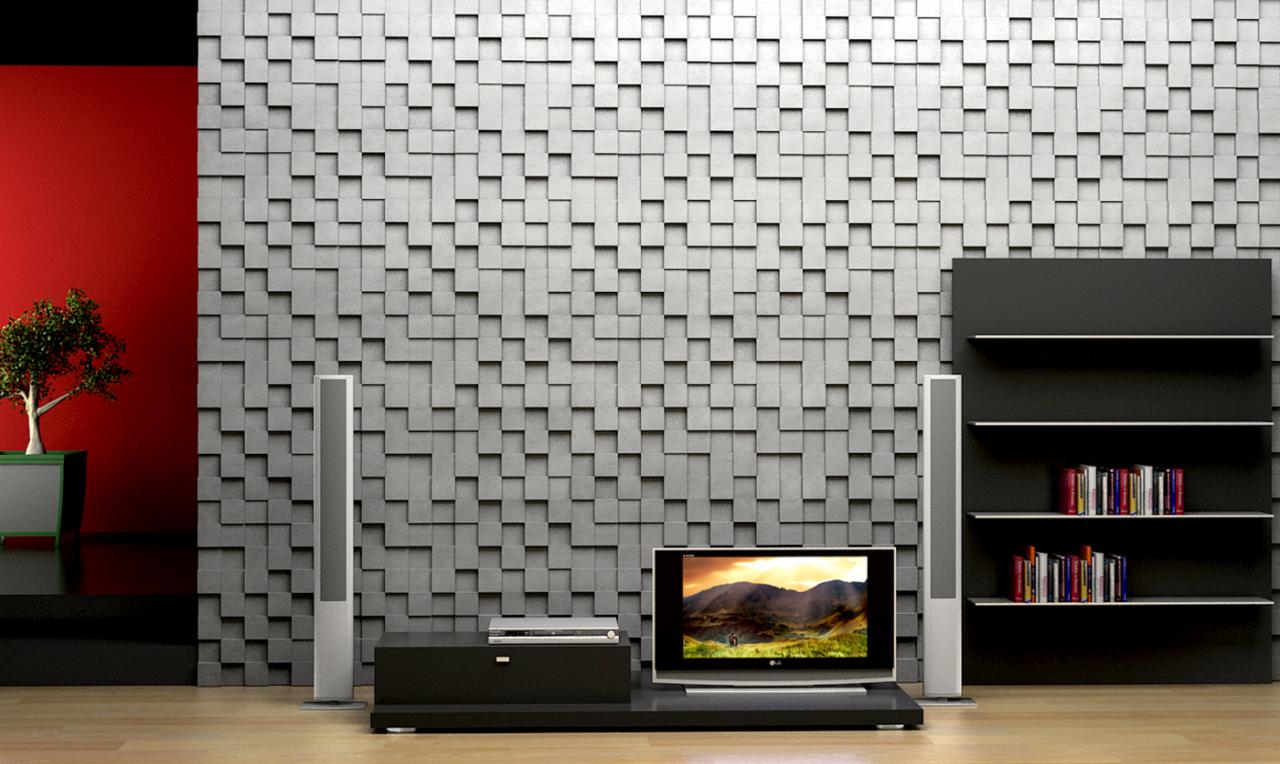 Nowoczesny salon z dekoracyjną ścianą z trójwymiarowych, szarych kwadratów, drewnianą podłogą, minimalistycznym regałem na książki, telewizorem i głośnikami, z akcentem czerwonej ściany i małym...