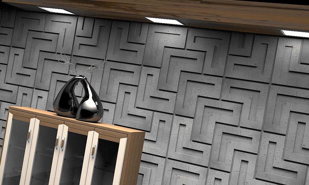 Dekoracyjna ściana z betonowych paneli 3D o wzorze labiryntu, oświetlona punktowo, z lakierowaną szafką i nowoczesnym wazonem na górze.