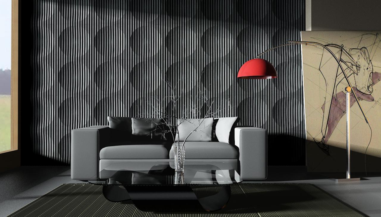 Nowoczesny salon z panelami ściennymi z pionowych listew, szarą sofą, szklanym stolikiem kawowym i lampą podłogową z czerwonym kloszem.