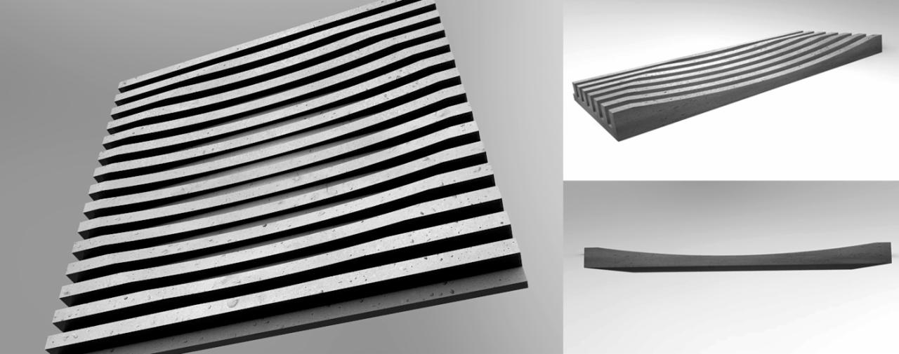 Wizualizacja 3D betonowego panelu ściennego z poziomymi, falistymi żłobieniami, prezentowana z trzech różnych perspektyw na szarym tle.