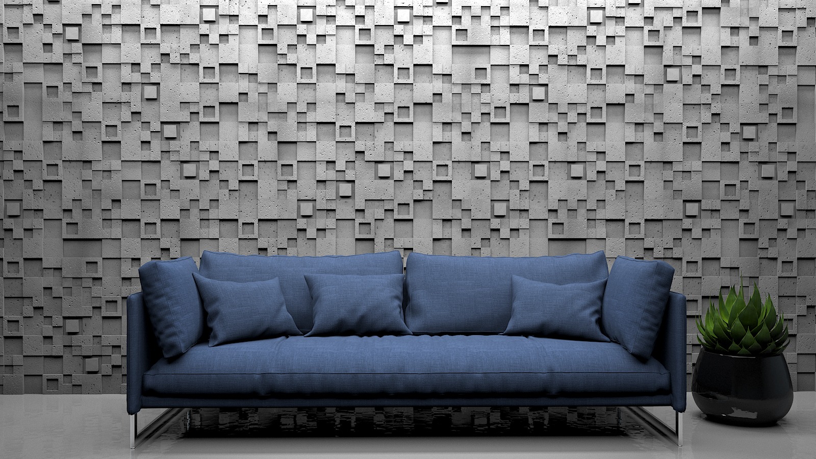 Salon z niebieską sofą na tle ściany z paneli 3D o fakturze betonu i rośliną w czarnej donicy.