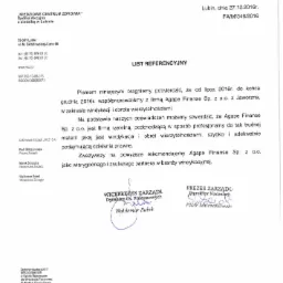 Skan listu referencyjnego od MCZ dla Agape Finanse Sp. z o.o. dotyczącego współpracy w zakresie windykacji i obrotu wierzytelnościami, datowany na 27.12.2016 z podpisami.