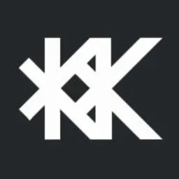 Abstrakcyjne logo w kolorze białym na ciemnoszarym tle, przypominające stylizowaną literę K z elementami geometrycznymi, o nowoczesnym i minimalistycznym wyglądzie.