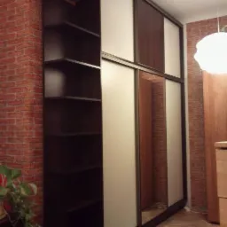 Wnętrze z szafą na wymiar: ciemne półki, przesuwne drzwi z białymi i brązowymi panelami, lustro. W tle ceglana ściana i drewniana podłoga.