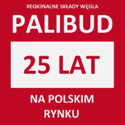 Baner reklamowy firmy PALIBUD, regionalnego składu węgla, z okazji 25 lat na polskim rynku. Czerwone tło i białe napisy.