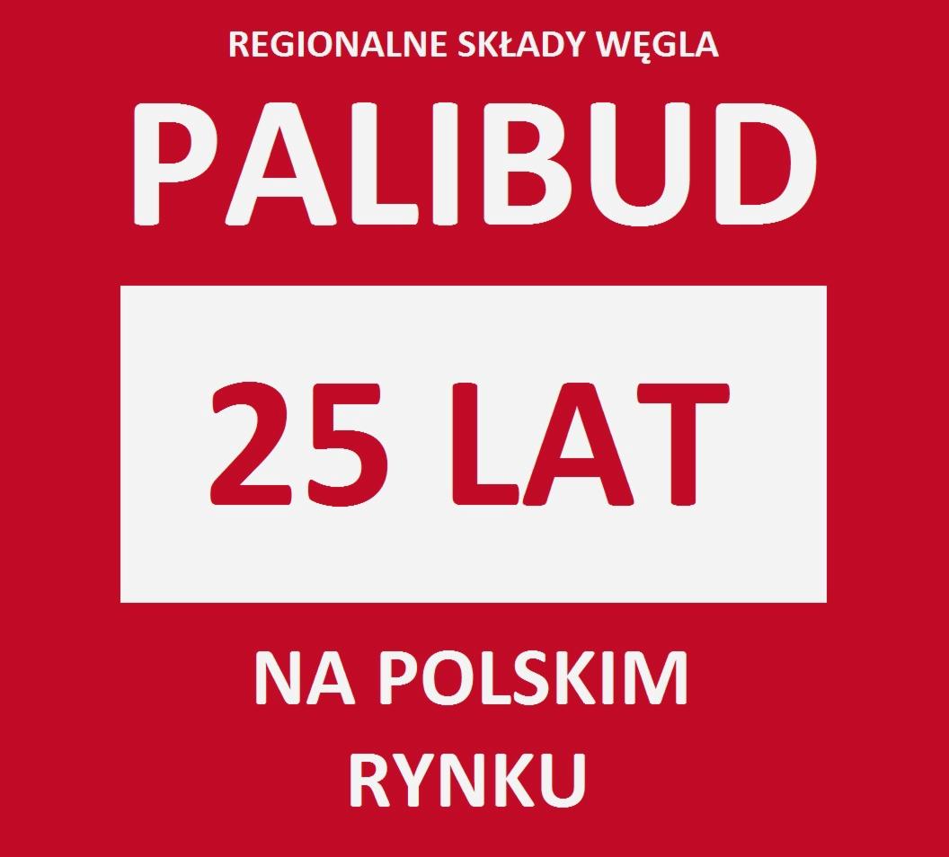 Baner reklamowy firmy PALIBUD, regionalnego składu węgla, z okazji 25 lat na polskim rynku. Czerwone tło i białe napisy.