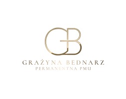 Złote logo firmy z inicjałami 'GB' nad napisem 'Grażyna Bednarz Permanentna PMU' na białym tle.