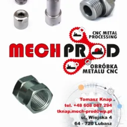 Precyzyjne detale metalowe wykonane metodą CNC. Różne kształty i rozmiary, prezentacja firmy MechProd z danymi kontaktowymi. Obróbka metalu CNC.