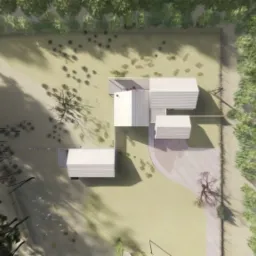 Wizualizacja z lotu ptaka nowoczesnego osiedla domów jednorodzinnych w Szczecinie, otoczonego zielenią i drzewami.