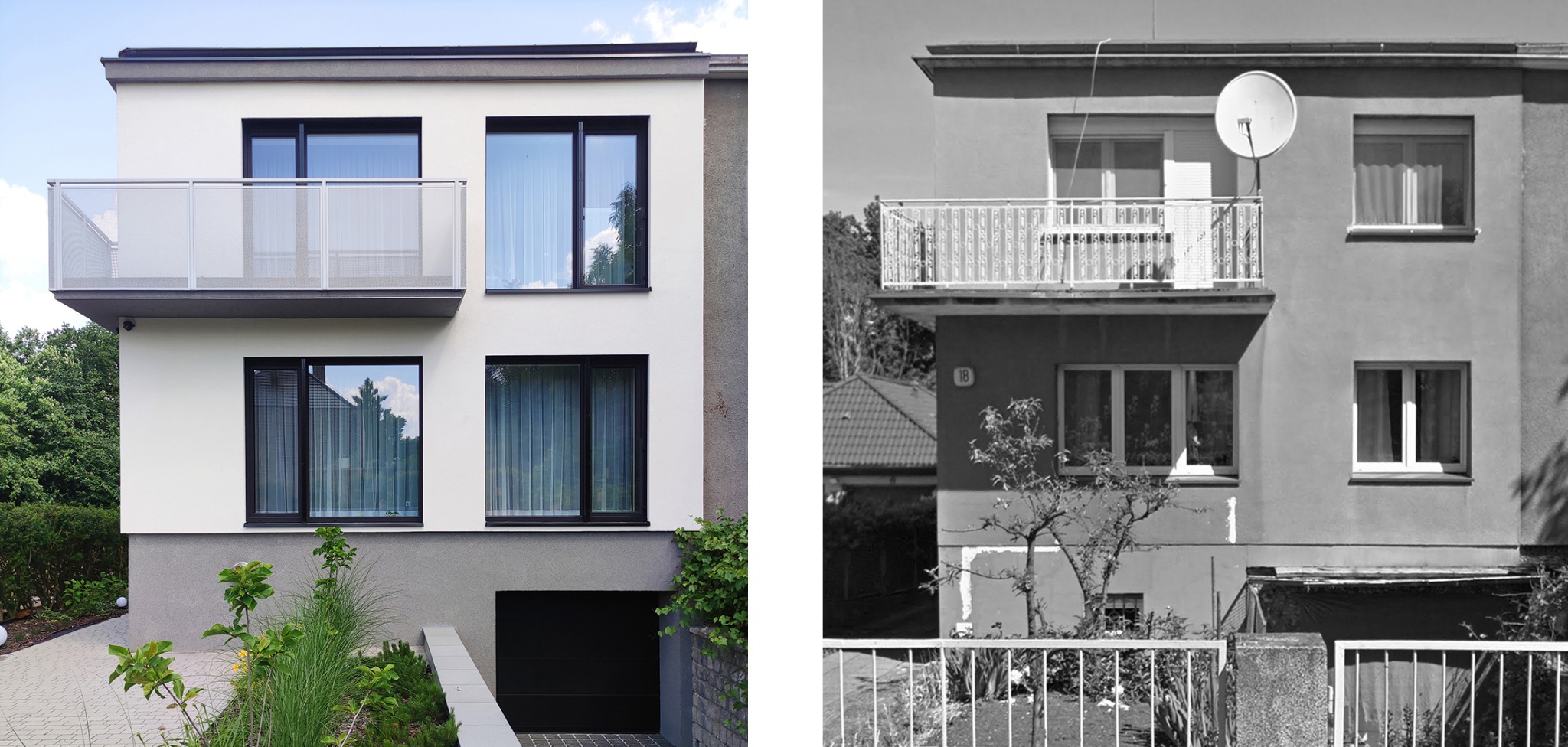 Porównanie wizualizacji projektu domu: nowoczesny budynek z balkonem i garażem w kolorze, oraz jego starszy odpowiednik w czerni i bieli z anteną satelitarną.