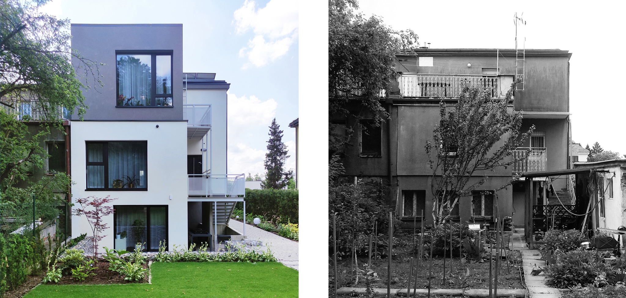 Porównanie wizualizacji projektu domu: po lewej nowoczesny, dwukondygnacyjny dom z szarą i białą elewacją, balkonem ze szklaną balustradą i zadbanym ogrodem; po prawej stary, zaniedbany budynek...