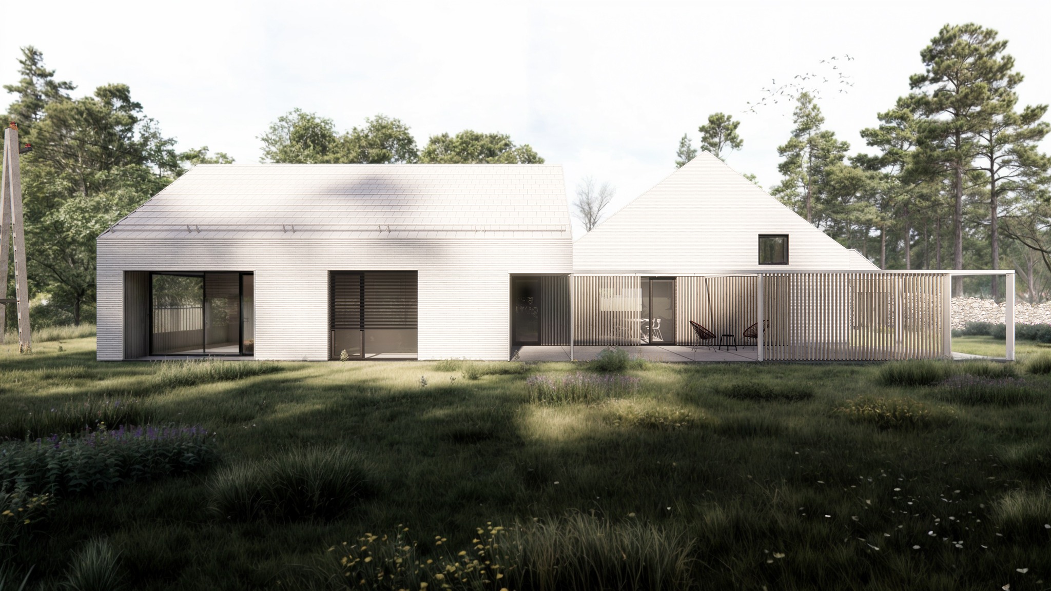 Nowoczesny dom jednorodzinny z białymi elewacjami i drewnianymi panelami, otoczony bujną zielenią i wysokimi drzewami, z widocznym betonowym słupem energetycznym w tle.