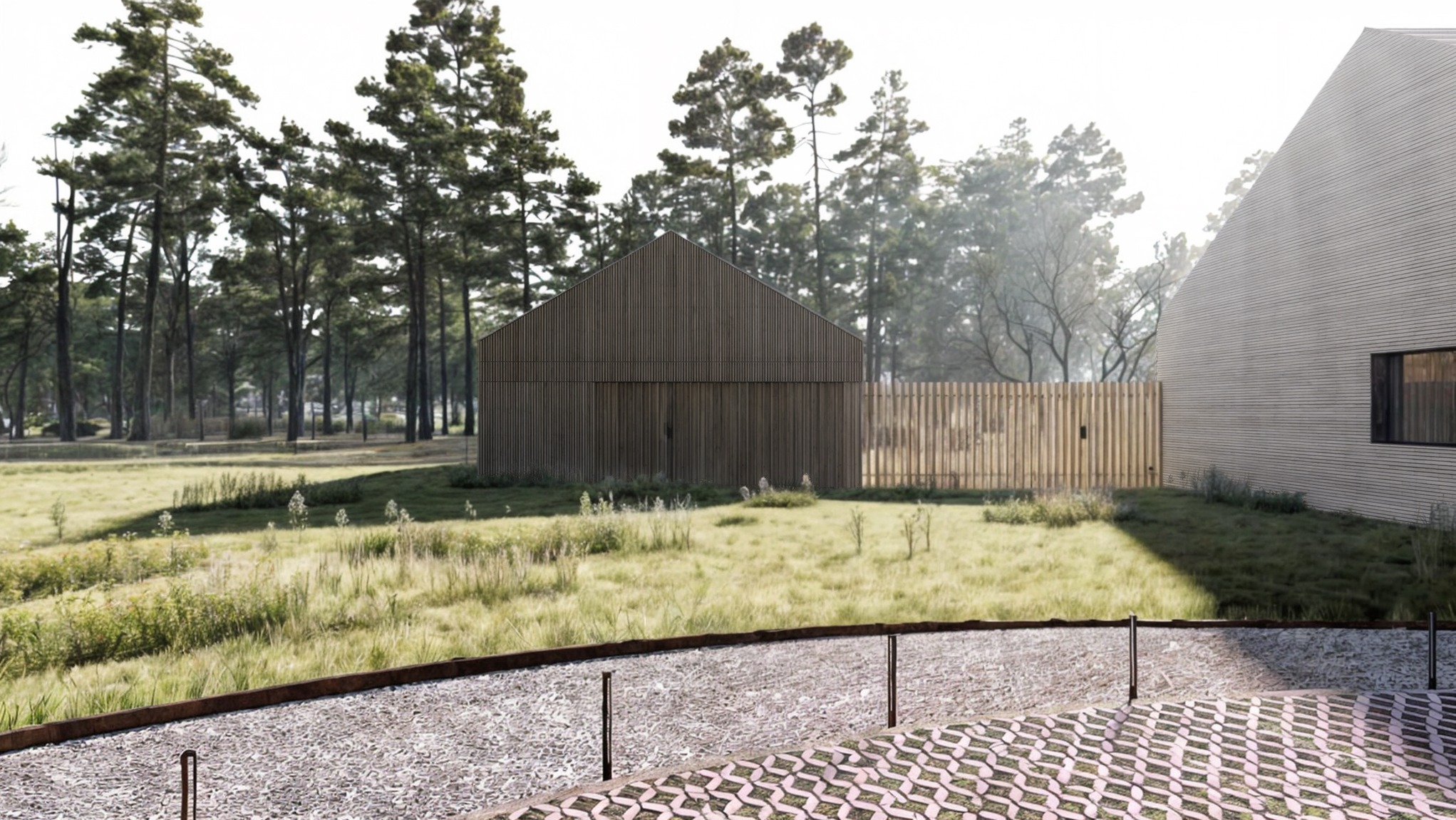 Nowoczesny dom z drewnianą elewacją i ogrodzeniem z desek, otoczony łąką i drzewami, z widoczną ścieżką z ażurowych płyt betonowych.