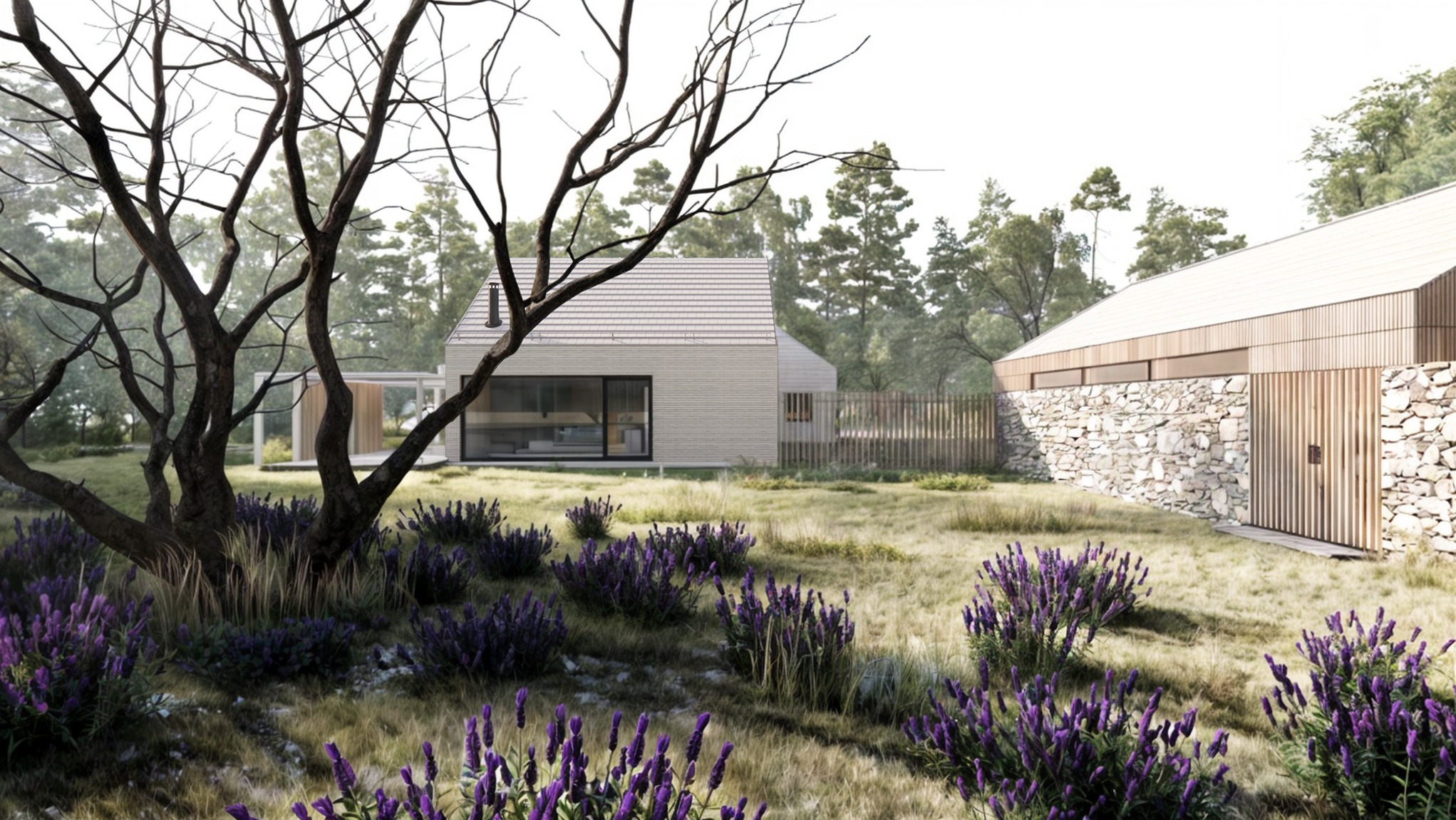 Wizualizacja domu jednorodzinnego z jasną elewacją i dachem, otoczonego kwitnącą lawendą i drzewem bez liści na pierwszym planie; budynek gospodarczy z kamienną podstawą w tle.