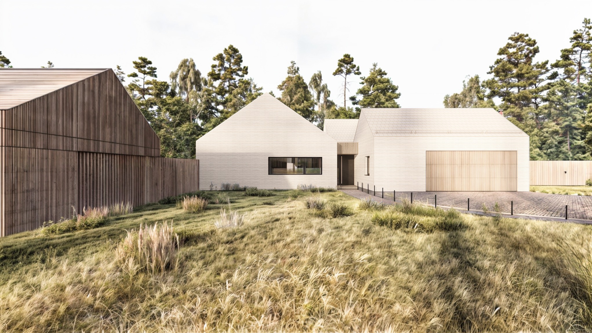 Wizualizacja nowoczesnego domu jednorodzinnego z jasną elewacją z poziomych desek i ciemnym drewnianym budynkiem gospodarczym z boku, otoczonego naturalnym krajobrazem z wysoką trawą i drzewami...