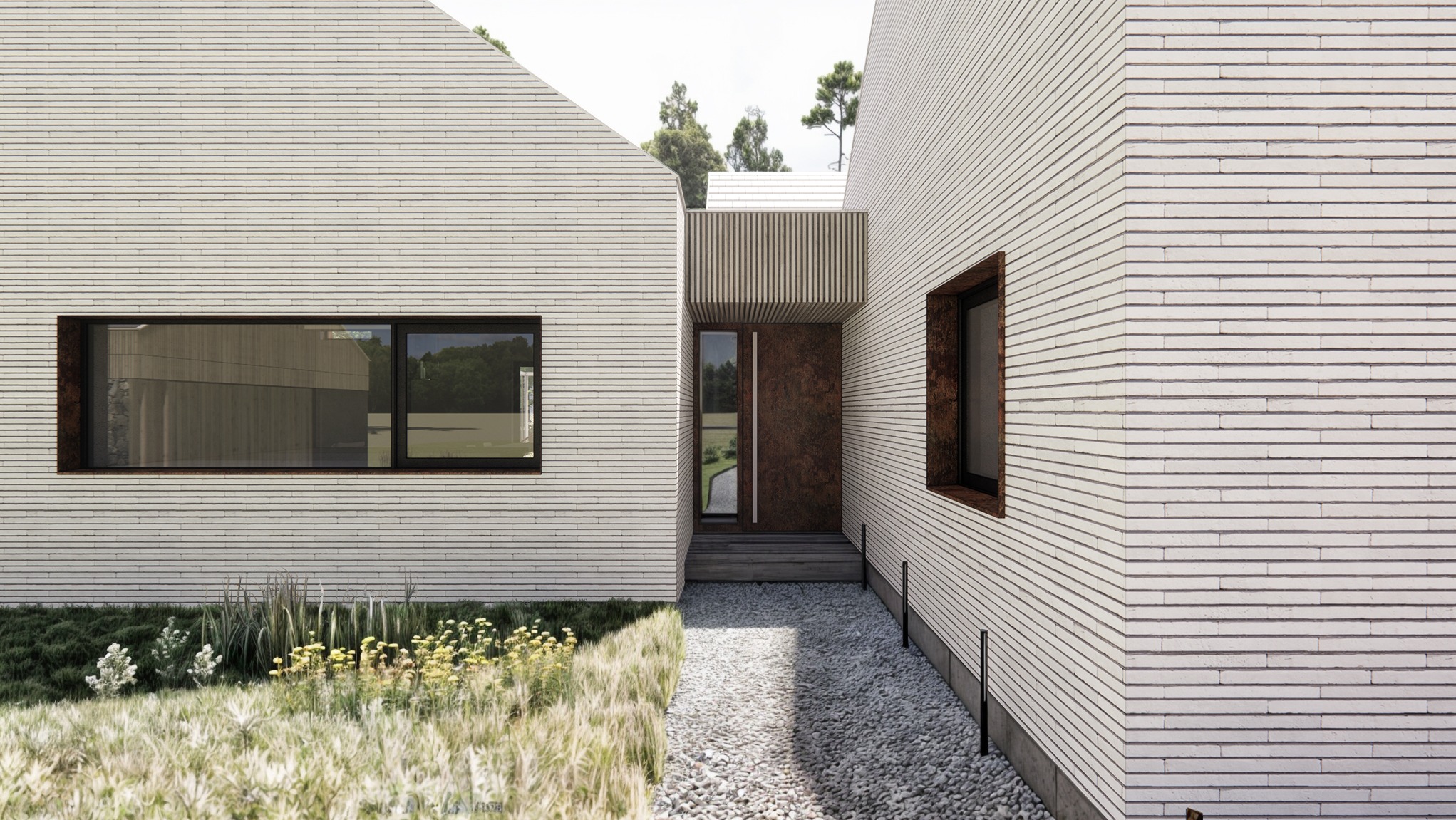 Nowoczesny dom jednorodzinny z elewacją z białej cegły, brązowymi ramami okiennymi i wejściem z akcentami z cortenu, otoczony ścieżką z białego żwiru i naturalistyczną roślinnością.