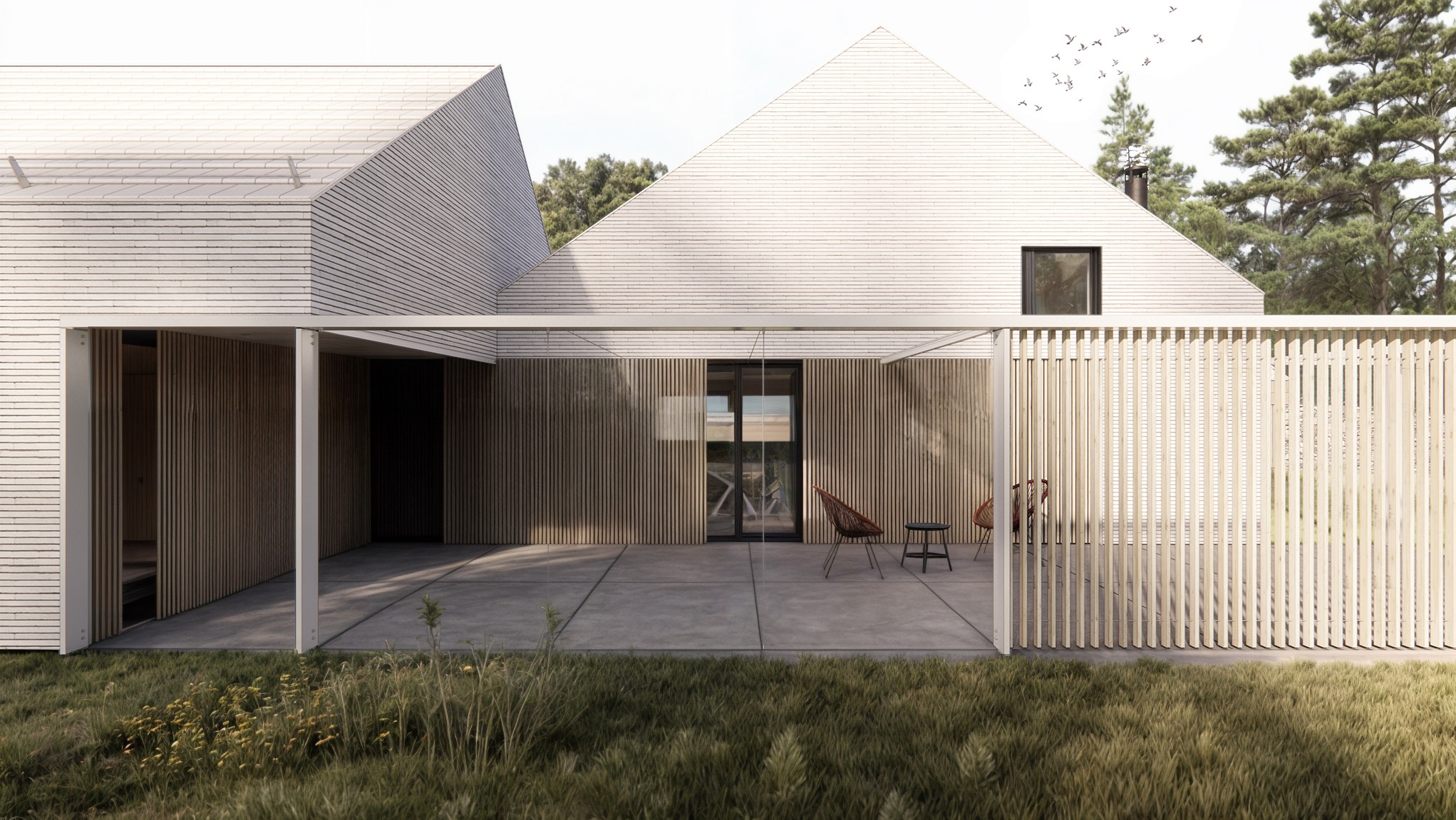 Wizualizacja nowoczesnego domu z drewnianą elewacją i tarasem z ażurową ścianą, widok z zewnątrz na trawnik i minimalistyczne meble ogrodowe.