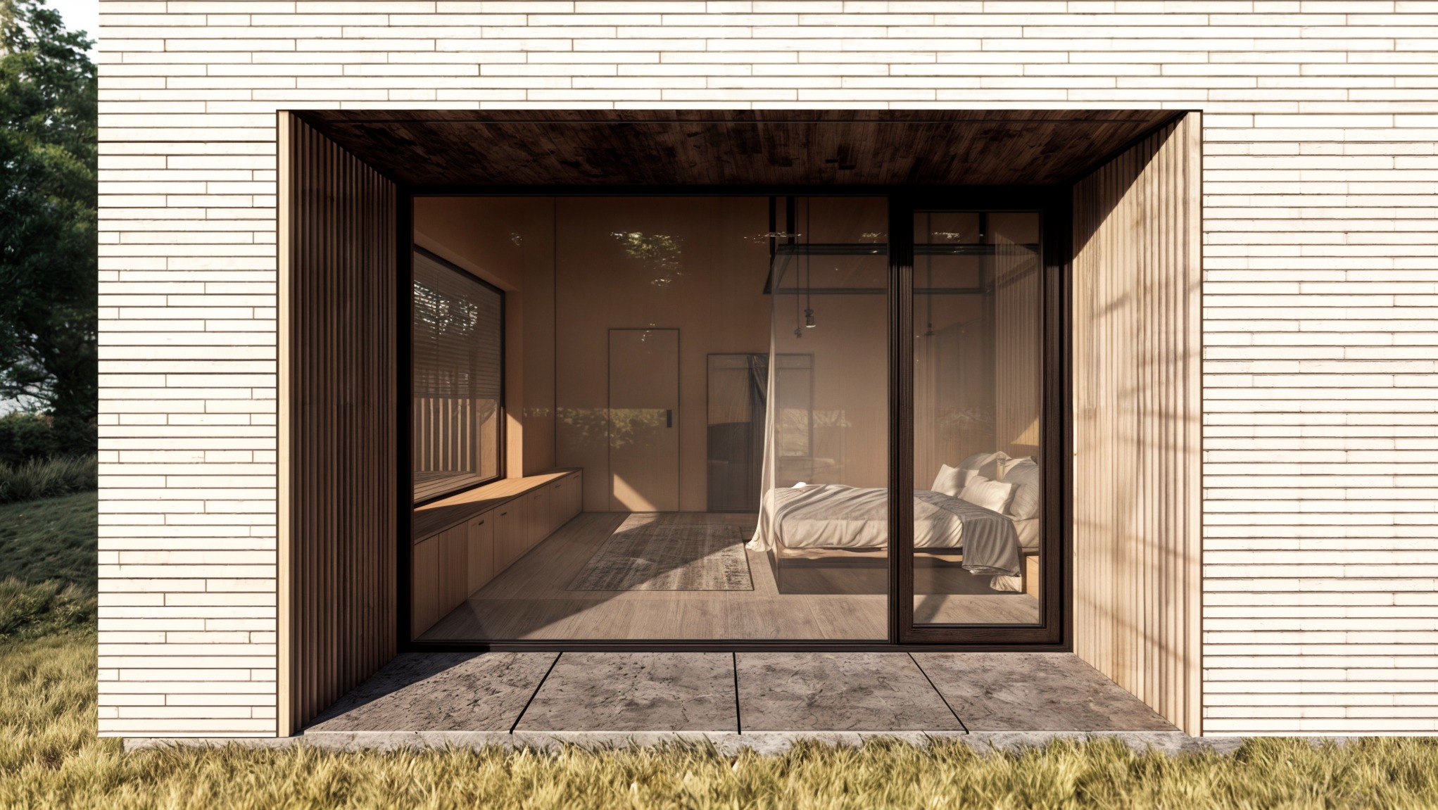 Wizualizacja sypialni w minimalistycznym domu z drewnianą elewacją, widoczna przez duże okno z czarną ramą. Wnętrze w odcieniach beżu, z łóżkiem i wbudowanymi szafkami pod oknem. Na zewnątrz trawa...