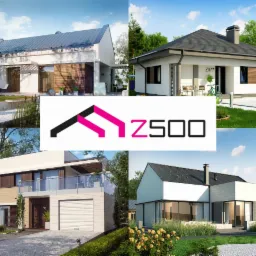 Kompilacja wizualizacji czterech nowoczesnych domów jednorodzinnych z logo Z500 na środku, prezentująca różnorodne style architektoniczne i otoczenie.
