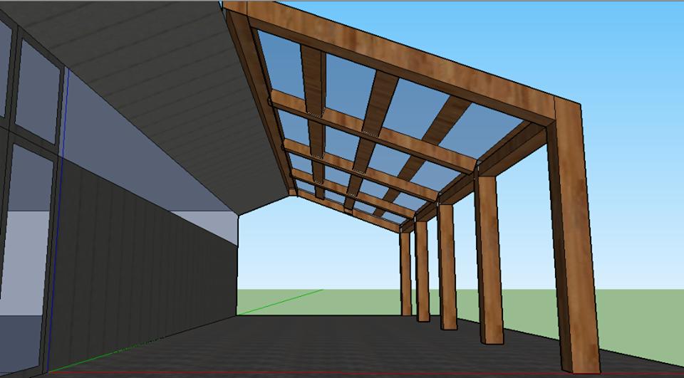 Wizualizacja 3D drewnianej konstrukcji zadaszenia tarasu przylegającego do budynku z szarą elewacją, widok z dołu na drewniane słupy i ażurowy dach z prześwitami na niebo.