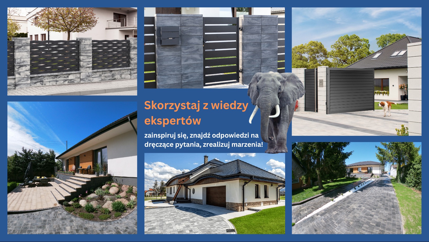 Kompozycja zdjęć prezentująca różnorodne aranżacje przestrzeni zewnętrznych: nowoczesne ogrodzenia z elementami betonowymi, podjazdy wyłożone kostką brukową, tarasy z kamiennymi schodami...