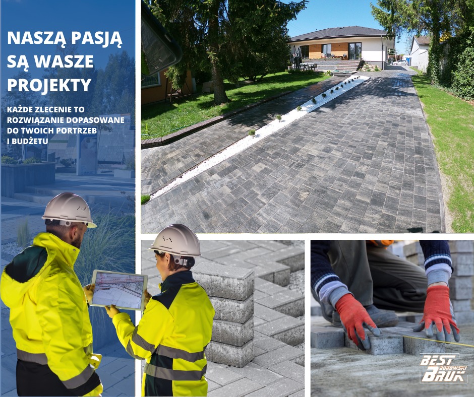 Szeroki, wybrukowany podjazd z jasnymi kamieniami po bokach prowadzący do nowoczesnego domu, widok z perspektywy ogrodu. Na dole kadru fragmenty: projektanci w kaskach analizujący plan na tablecie,...