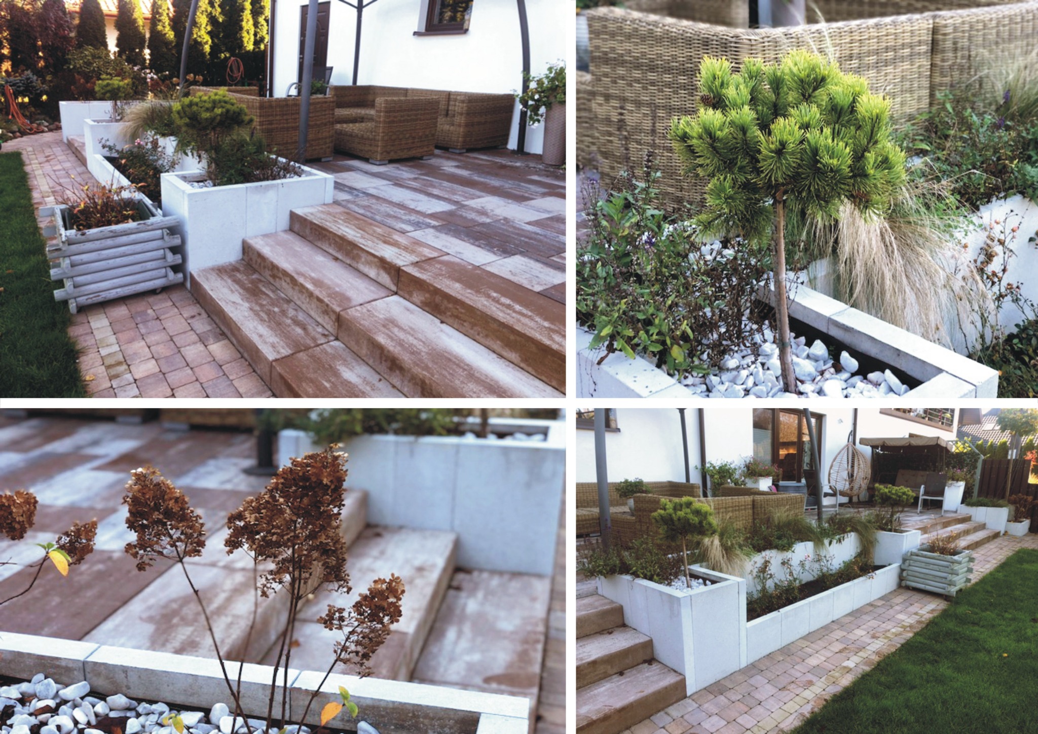 Ułożona kostka brukowa w ogrodzie z niskimi schodami z płyt betonowych, rabatami w betonowych obrzeżach wypełnionych białym kamieniem i roślinami, oraz meblami ogrodowymi z rattanu w tle.