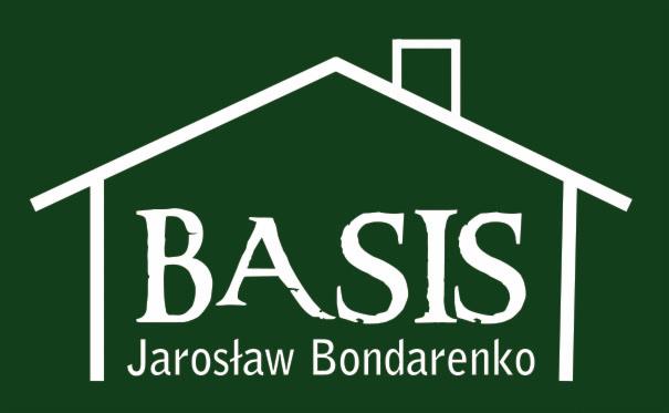 Logo firmy budowlanej BASIS Jarosław Bondarenko na zielonym tle, przedstawiające biały zarys domu z kominem.