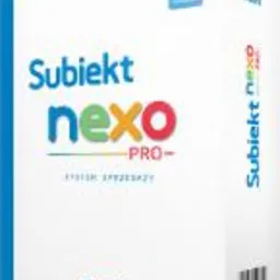 Pudełko oprogramowania Subiekt nexo PRO, białe z kolorowym logo i niebieskim paskiem z boku. Widoczny napis 'SYSTEM SPRZEDAŻY' oraz logo producenta 'InsERT'.