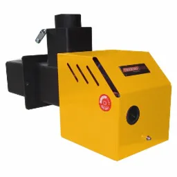 Żółto-czarny palnik olejowy Thermostahl z certyfikatem ISO 9001, z widocznymi detalami konstrukcyjnymi i elementami montażowymi. Nowoczesny design palnika.