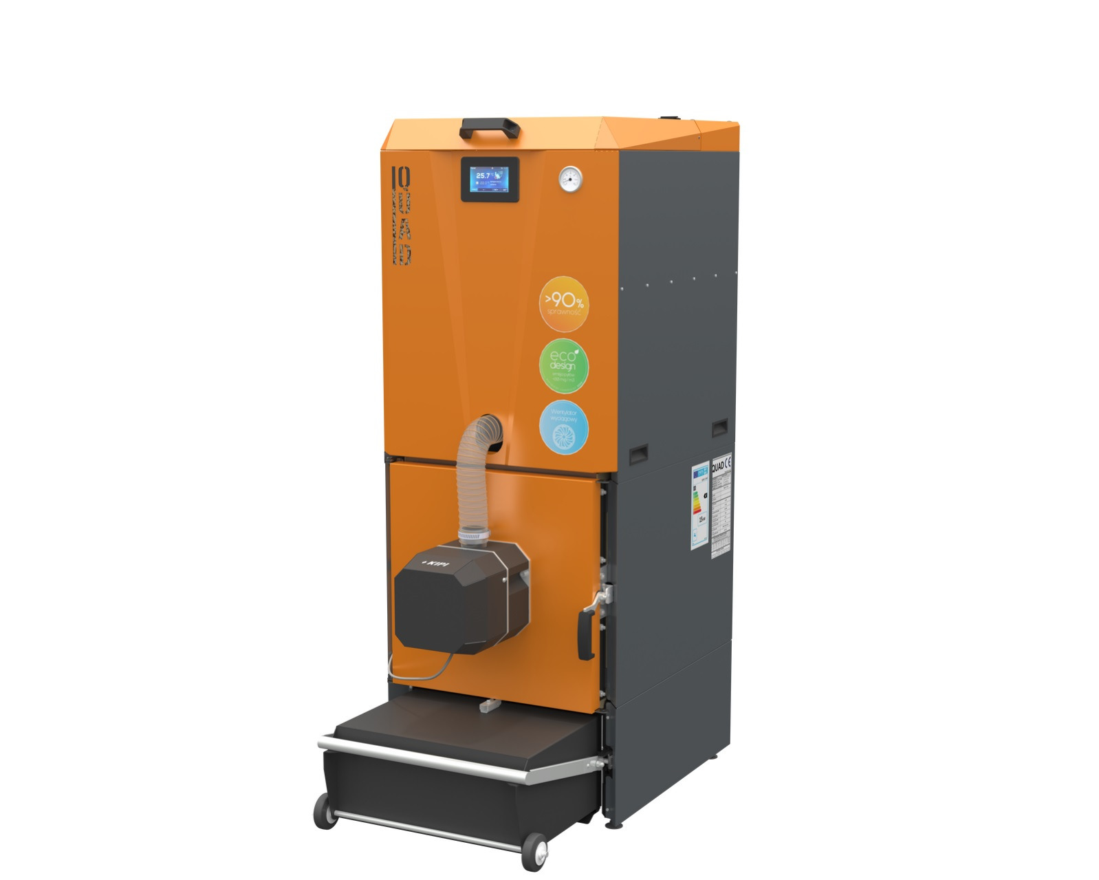 Nowoczesny piec na paliwo stałe z wyświetlaczem, oznaczony certyfikatem EcoDesign i wysoką sprawnością, z widocznym wentylatorem wyciągowym i pojemnikiem na popiół na kółkach.