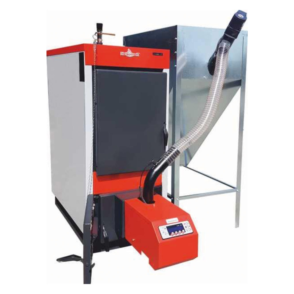 Nowoczesny piec na paliwo stałe z podajnikiem, w kolorach szaro-czerwonym, z widocznym panelem sterowania i zasobnikiem na paliwo. Prezentacja kotła grzewczego.