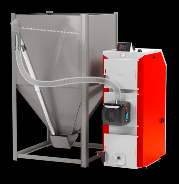 Nowoczesny piec na paliwo stałe z podajnikiem, wykończony w bieli i czerwieni, z widocznym sterownikiem i wentylatorem, na czarnym tle. Kompletny system grzewczy.