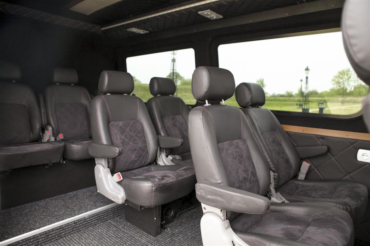 Wnętrze luksusowego busa z czarnymi skórzanymi fotelami, czerwonymi przeszyciami i widokiem na park przez okno. Detal wykończenia premium.