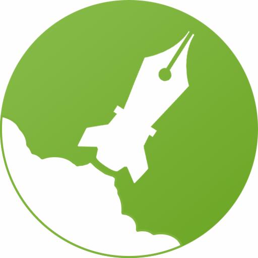 Zielone logo z białą rakietą-piórem, symbolizujące kreatywny rozwój i innowacyjne podejście do strategii marketingowych w Internecie.