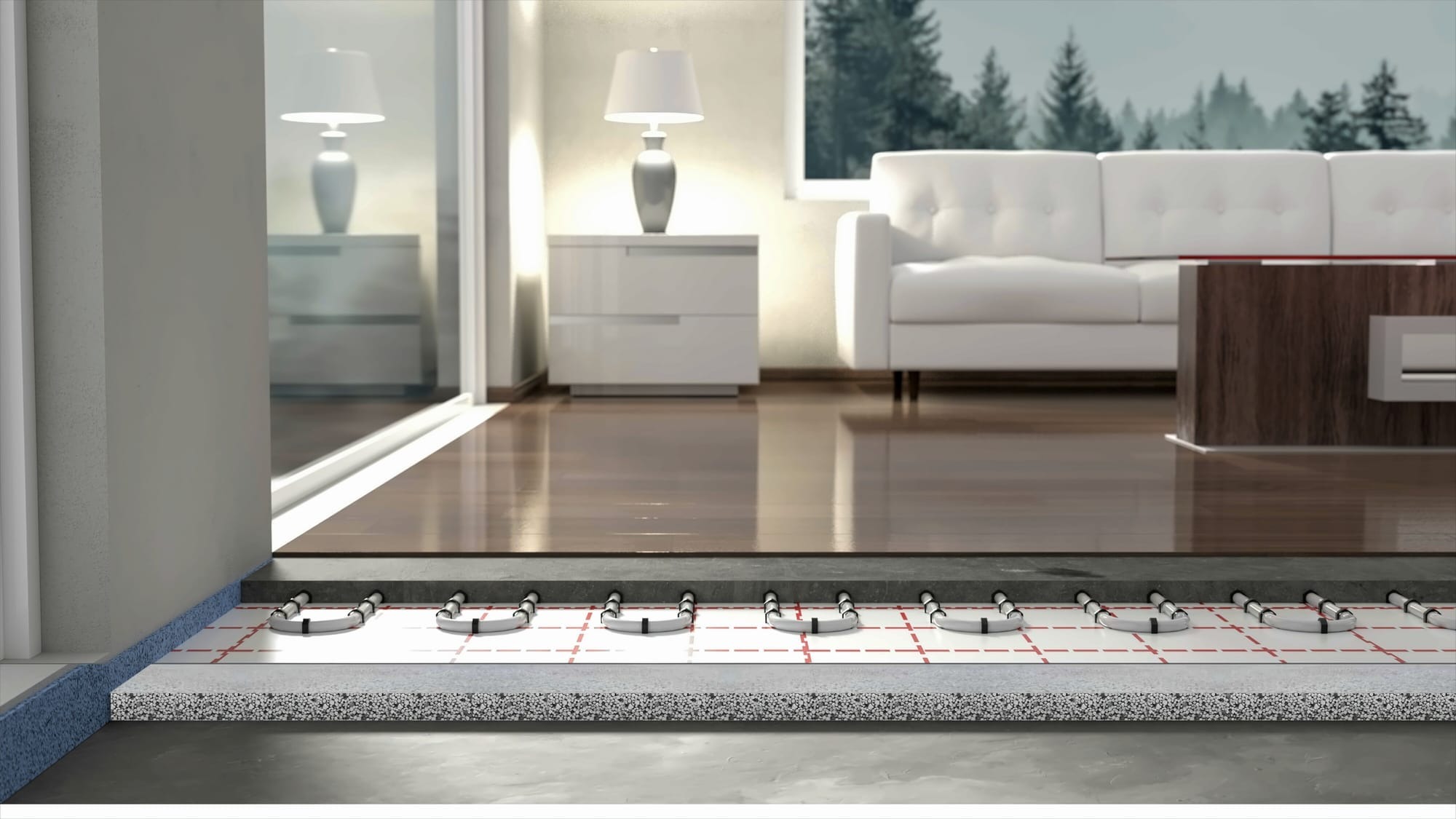 Przekrój warstw podłogi z ogrzewaniem podłogowym w Legnicy, widoczne rury grzewcze zamocowane na macie z siatką, izolacja oraz wylewka, w tle salon z drewnianą podłogą.