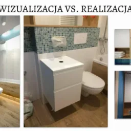 Kolaż przedstawiający wizualizację i realizację projektu łazienki z drewnianą podłogą, niebieską mozaiką, białą pralką i szafką pod umywalkę.