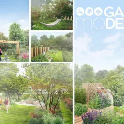 Wizualizacja ogrodu w Wierzchosławicach z elementami nowoczesnej architektury krajobrazu: drewniana brama wejściowa, hamak zawieszony między drzewami, rabaty kwiatowe, żywopłoty i miejsce...