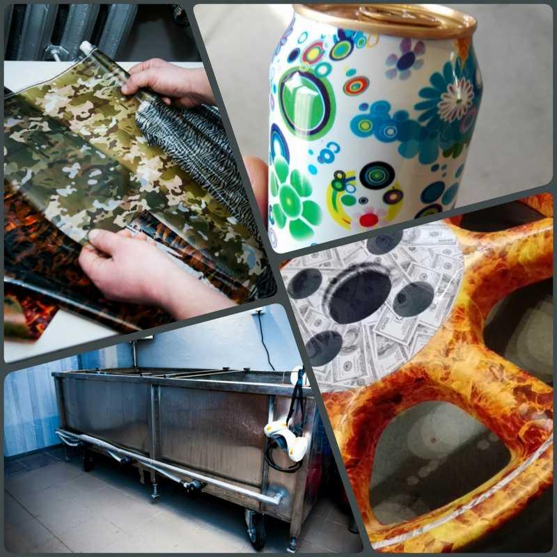 Hydrografika: aplikacja wzorów na felgę, puszkę i inne elementy. Widoczna wanna do zanurzania i folie z różnymi wzorami.