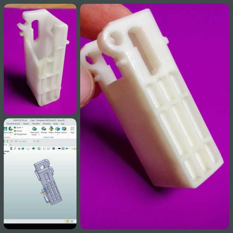 Biały, plastikowy element z wydruku 3D, trzymany w palcach na fioletowym tle, obok widoczny model 3D w programie. Precyzyjne odwzorowanie detali.