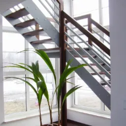 Nowoczesne schody z drewnianymi stopniami i metalową konstrukcją, oświetlone przez duże okno, z doniczką z rośliną na pierwszym planie.