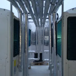 Rzędy izolowanych rur prowadzących do dw&oacute;ch białych jednostek zewnętrznych, prawdopodobnie klimatyzacji lub chłodzenia, zwoje kabli na drewnianej palecie w tle.