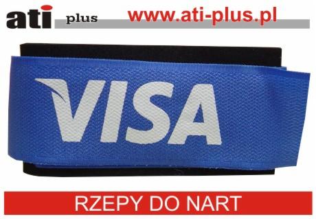 Rzepy do nart z logo VISA, wykonane w Bochni, na czarnym tle, widok z bliska.