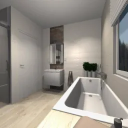 Wizualizacja łazienki z wanną, kabiną prysznicową z brązowymi panelami, umywalką i oknem z widokiem na góry. Jasne płytki i drewnopodobna podłoga.