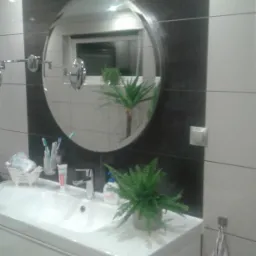 Nowoczesna łazienka z okrągłym lustrem, białą umywalką i ciemnymi płytkami. Roślina doniczkowa dodaje naturalnego akcentu. Widoczne akcesoria łazienkowe i ręcznik.