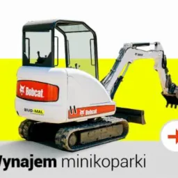 Ilustracja minikoparki Bobcat z łyżką, na białym i żółtym tle z napisem 'Wynajem minikoparki' i strzałką wskazującą w prawo.