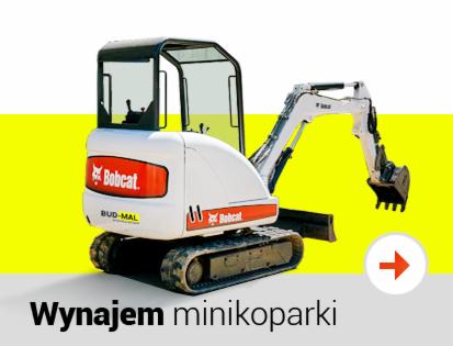 Ilustracja minikoparki Bobcat z łyżką, na białym i żółtym tle z napisem 'Wynajem minikoparki' i strzałką wskazującą w prawo.