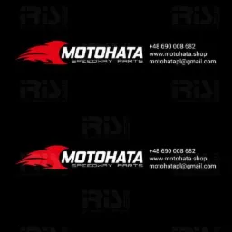 Wielokrotne powtórzenie logo firmy Motohata Speedway Parts na czarnym tle, zawierające nazwę firmy, grafikę płomienia, numer telefonu, adres strony internetowej i adres email.
