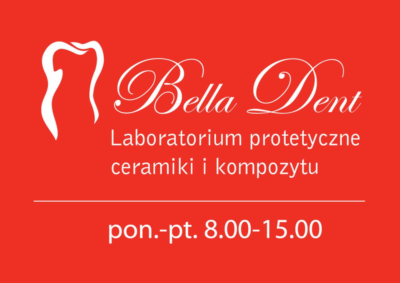 Logo laboratorium protetycznego Bella Dent na czerwonym tle, z graficzną reprezentacją zęba i informacją o godzinach otwarcia.